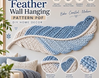 Modèle de suspension murale en plumes au crochet | Modèle PDF de plume au crochet | Décoration murale bohème | Décoration intérieure au crochet | Art textile DIY