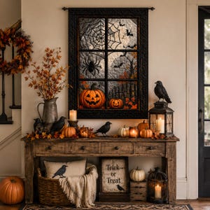 May include: A rectangular wall quilt featuring a window pane design with a spider web, a large spider, bats, and two jack-o'-lanterns. The quilt is framed in black fabric and displays a gray and orange color palette with autumn leaves and trees.