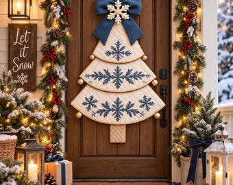 Nähanleitung für einen gesteppten Weihnachtsbaum-Wandbehang | Weihnachtsbaum-Wanddeko in Marineblau und Creme (PDF) | Anleitung für einen Türbehang aus Stoff