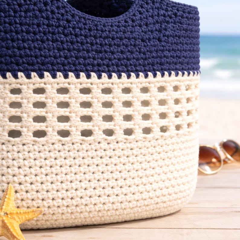 Sommer häkeln Strandtasche Muster PDF, Häkelanleitung, Mesh Tote Bag Häkelanleitung, Sommer Shopper Tasche, anfängerfreundlich, wiederverwendbare Tasche, häkeln Strandkorb Bild 4