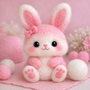 May include: A handmade pink and white felt bunny with a small bow on its head. The bunny has large black eyes, pink cheeks, and pink paw prints. It is sitting on a pink surface with other pink and white felt balls.