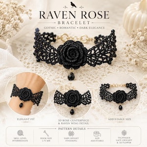 May include: A black crochet lace bracelet featuring a central 3D rose motif and a dangling black teardrop bead. The design includes a gold-tone metal chain with an adjustable clasp. Pattern details specify a 1.75 mm hook size for this item.