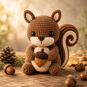 May include: A crocheted squirrel figurine made of brown and cream yarn. The squirrel has black plastic eyes, a dark brown nose, and a large bushy tail with cream accents. It is holding a small brown and tan crocheted acorn in its front paws.