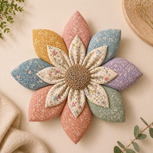Puede incluir: Una gran flor decorativa hecha de p&eacute;talos de tela en varios colores pastel, incluyendo rosa, amarillo, azul y lavanda. El centro es un dise&ntilde;o circular tejido. Los p&eacute;talos est&aacute;n estampados con peque&ntilde;as flores, creando una est&eacute;tica suave y acogedora.