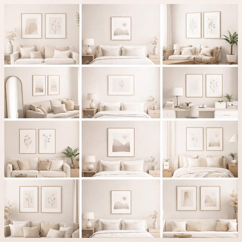 May include: A collection of framed art prints in various interior settings. The prints feature abstract shapes, botanical line drawings, and landscape designs with neutral color palettes. The rooms include sofas, beds, and desks, creating a cohesive aesthetic.