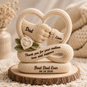 Könnte beinhalten: Eine cremefarbene Häkelskulptur, die zwei Hände in Herzform zeigt, mit den eingestickten Namen Dad und Liam. Sie enthält ein kleines Herz mit grünen Blättern, den Text Thank you for your endless love and support sowie Best Dad Ever 06.18.2026.
