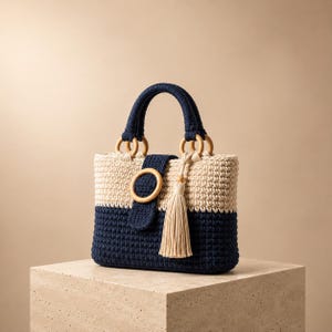 Op de afbeelding: Een tweekleurige gehaakte handtas met een marineblauwe basis en een crèmekleurig bovengedeelte. De tas heeft twee marineblauwe handvatten bevestigd met lichte houten ringen, een centrale marineblauwe flap met een houten ringsluiting en een crèmekleurige kwast.
