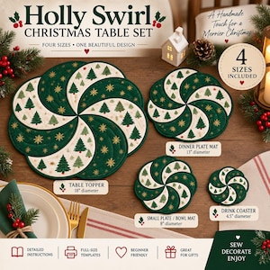 May include: A Holly Swirl Christmas table set featuring four circular quilted mats in varying sizes. The mats have a spiral pattern of dark green fabric and cream fabric printed with green Christmas trees and gold stars. Sizes include 18-inch, 13-inch, 8-inch, and 4.5-inch diameters.
