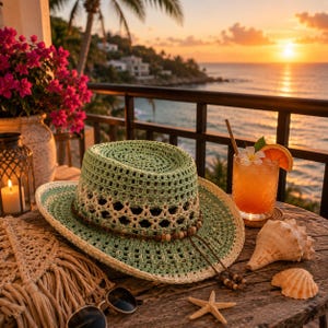 May include: A light green and cream crocheted hat with a wide brim and a decorative beaded cord band. The hat features an open-weave pattern and is positioned on a wooden surface alongside a glass of orange liquid, seashells, and sunglasses.