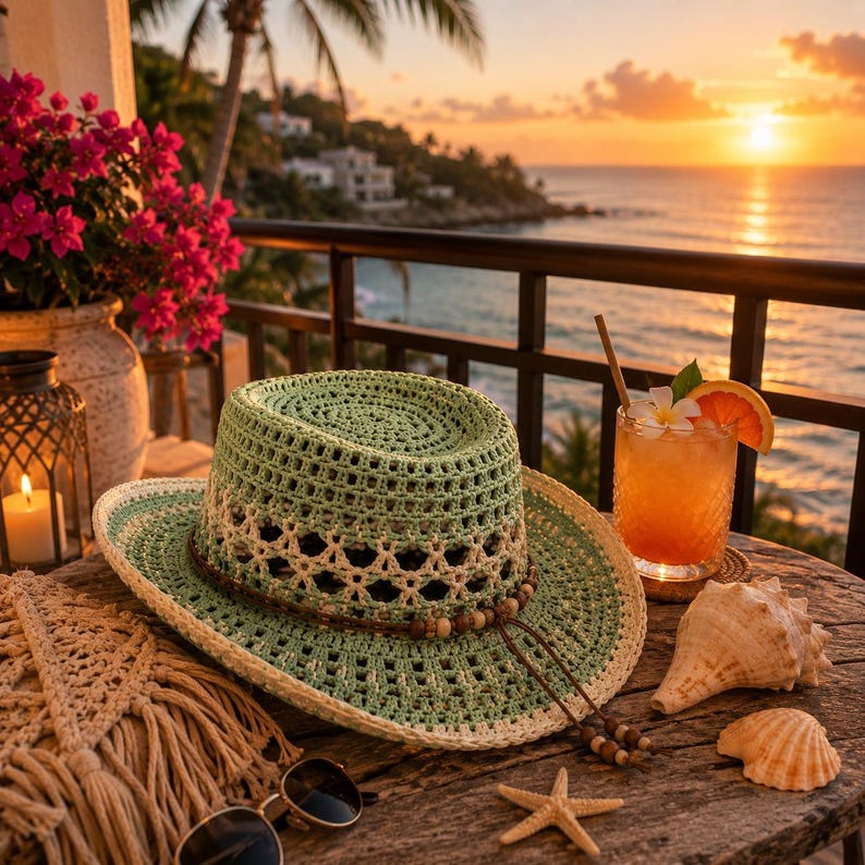 May include: A light green and cream crocheted hat with a wide brim and a decorative beaded cord band. The hat features an open-weave pattern and is positioned on a wooden surface alongside a glass of orange liquid, seashells, and sunglasses.