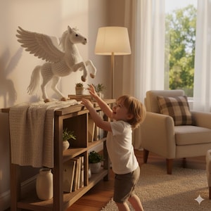May include: A white crochet Pegasus with outstretched wings stands on a wooden shelf. A young child reaches towards the Pegasus. The room features a wooden bookshelf, a beige armchair, and a floor lamp.