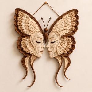Peut inclure: Une d&eacute;coration murale compos&eacute;e de deux visages crochet&eacute;s se faisant face, int&eacute;gr&eacute;s dans un design d'ailes de papillon. L'ouvrage utilise des fils couleur cr&egrave;me et marron, avec un corps central crochet&eacute; marron et deux antennes, suspendu par un cordon.