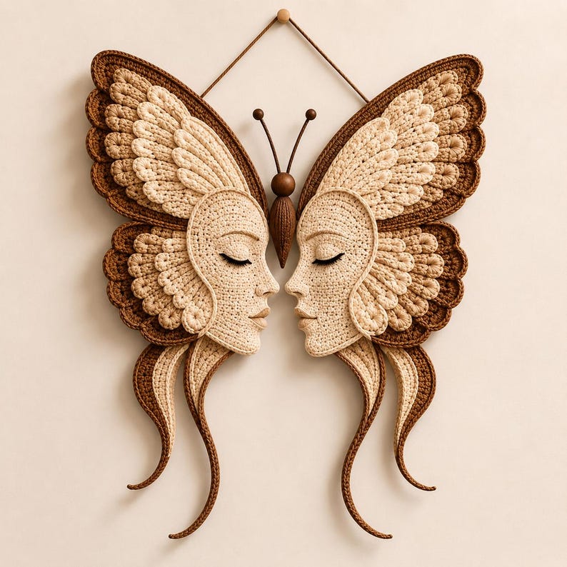 Peut inclure: Une d&eacute;coration murale compos&eacute;e de deux visages crochet&eacute;s se faisant face, int&eacute;gr&eacute;s dans un design d'ailes de papillon. L'ouvrage utilise des fils couleur cr&egrave;me et marron, avec un corps central crochet&eacute; marron et deux antennes, suspendu par un cordon.