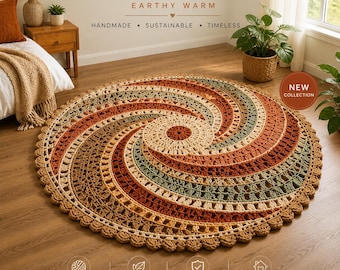 Boho spiraalvormig gehaakt vloerkleed rond handgemaakt, aards neutraal vloerkleed, vloerdecor met textuur, moderne boho woonkamer slaapkamer kinderkamer gezellig tapijt