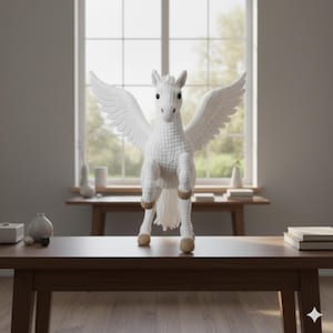 May include: A white crochet Pegasus with outstretched wings stands on a wooden table. The mythical creature has tan hooves and a long, flowing tail. The background includes a window, a wooden table, and decorative items.