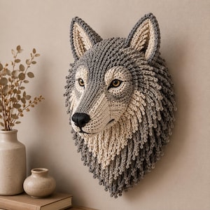 May include: A wall-mounted wolf head sculpture crafted from textured gray and cream yarn. The piece features detailed crochet work, pointed ears, a black nose, and amber-colored eyes, creating a realistic representation of a wolf's facial features.
