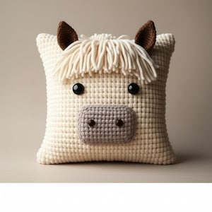 May include: A cream-colored, crocheted pillow shaped like a Highland cow. The pillow features a light beige mane, dark brown ears, and a gray muzzle with two small brown button eyes. The eyes are black, and the pillow is square.
