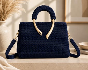 Crochet Handbag Pattern | Luxury Navy Structured Bag with Gold V-Handles | Premium Crochet Cord Tote | Instant Download PDF Tutorial