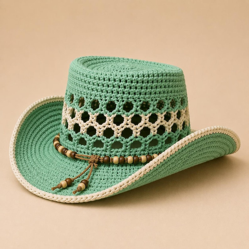May include: A mint green crocheted hat featuring a wide brim with a cream-colored edge. The crown includes a decorative band of open-weave hexagonal patterns and a string of brown and cream wooden beads tied in a knot at the front.