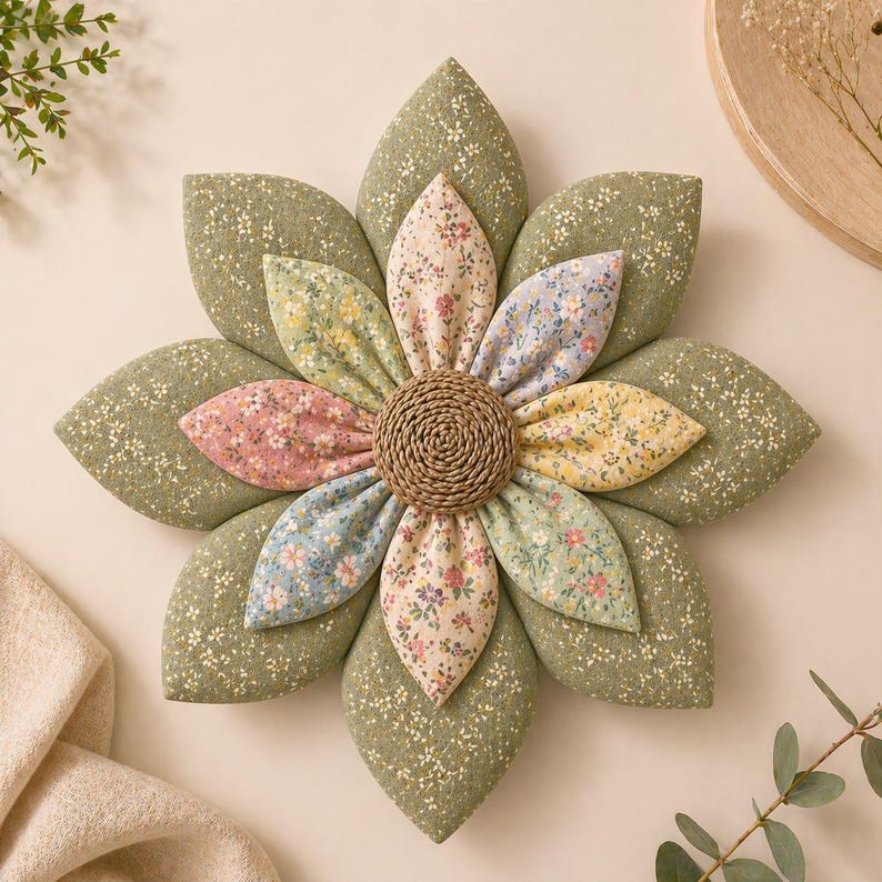 Puede incluir: Un coj&iacute;n decorativo grande con forma de flor. Los p&eacute;talos son de tela verde y estampados florales en colores pastel. El centro es un dise&ntilde;o circular tejido. Para la decoraci&oacute;n del hogar, mide unos 40 cm de di&aacute;metro.