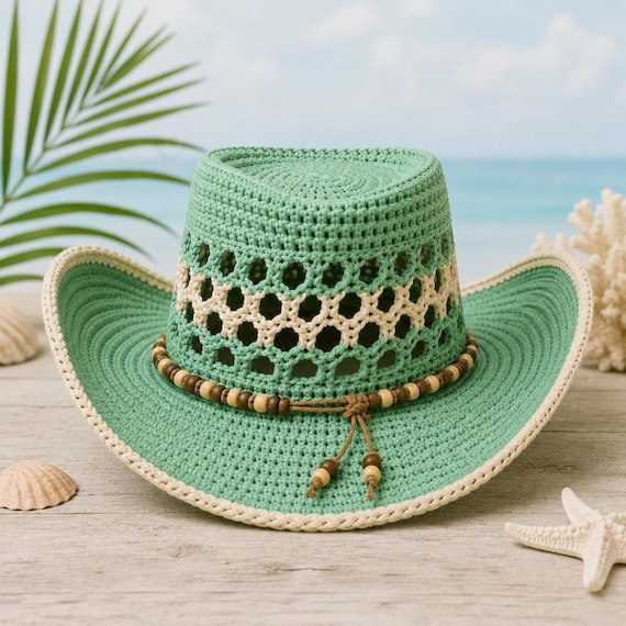 Crochet Cowboy Hat Pattern PDF, Beach Girl Summer Hat Crochet Pattern, Mesh Western Hat Tutorial, Boho Cowgirl Hat DIY, Festival Hat Pattern