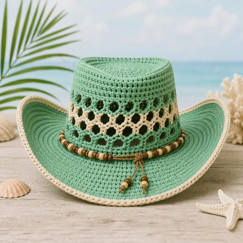 May include: A mint green and cream crocheted cowboy hat featuring an open-weave pattern, a wide brim with a cream-colored edge, and a decorative band made of brown and cream wooden beads with two dangling beaded cords at the front. hexagonal openwork and a thin brown cord adorned with small wooden beads tied in a front knot.