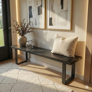 Op de afbeelding: Een donkergrijze bank met een rechthoekige bovenkant en U-vormige poten. Een crèmekleurig, getextureerd kussen ligt op de bank. Een vaas met gedroogde takken en een glazen bol staan op de bank. Twee ingelijste abstracte kunstwerken hangen aan de muur.