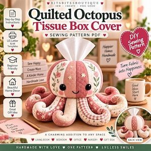 Quilted Octopus Tissue Box Cover Sewing Pattern PDF|Octopus Tissue Holder|Cute Nursery Decor DIY | Instant Download|also in french language