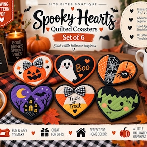 Może przedstawiać: Zestaw sześciu pikowanych podkładek w kształcie serca z motywami halloweenowymi, w tym dynią z kokardką, duchem z napisem Boo, pajęczyną, nawiedzonym domem, cukierkiem z napisem Trick or Treat oraz twarzą zielonego potwora.