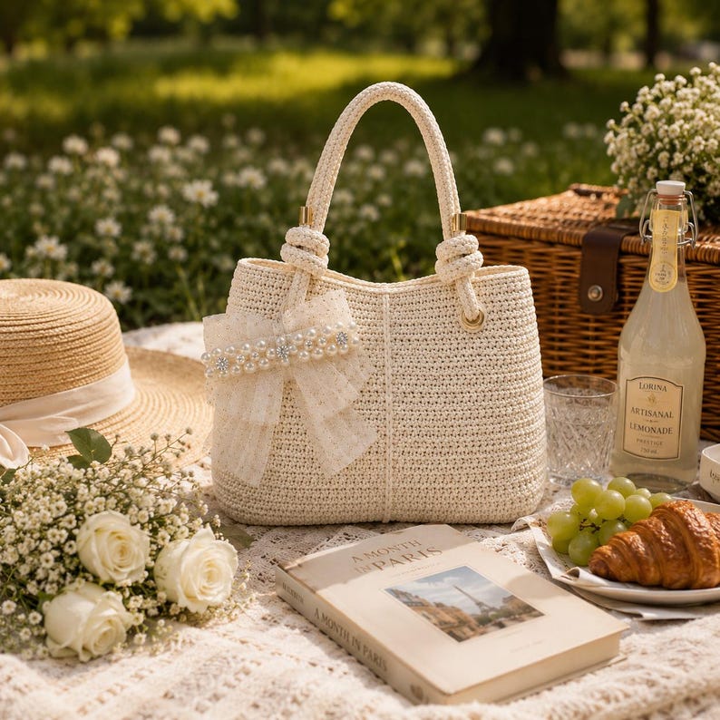 Crochet Pearl Bow Tote Bag Pattern PDF | Beginner Crochet Handbag Purse | Bridal Bow Bag | US Terms | Instant Download image 12