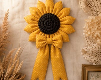 Tutorial para colgar en la pared un lazo floral de tela acolchada / Patrón de costura en PDF para lazo abullonado de girasol / Patrón de decoración de lazo estilo granja / Proyecto de costura para principiantes