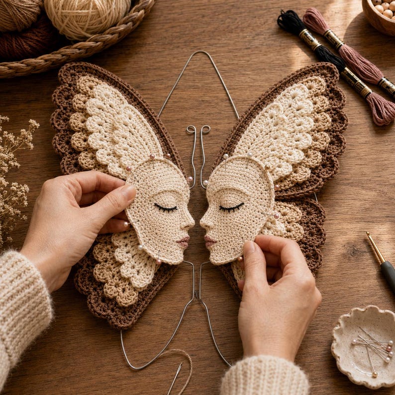 Peut inclure: Un projet au crochet compos&eacute; de deux pi&egrave;ces beiges en forme de visage avec des yeux ferm&eacute;s et des l&egrave;vres brod&eacute;s, fix&eacute;es sur de grandes ailes de papillon superpos&eacute;es dans des tons cr&egrave;me et brun fonc&eacute;, mont&eacute;es sur une fine armature m&eacute;tallique.