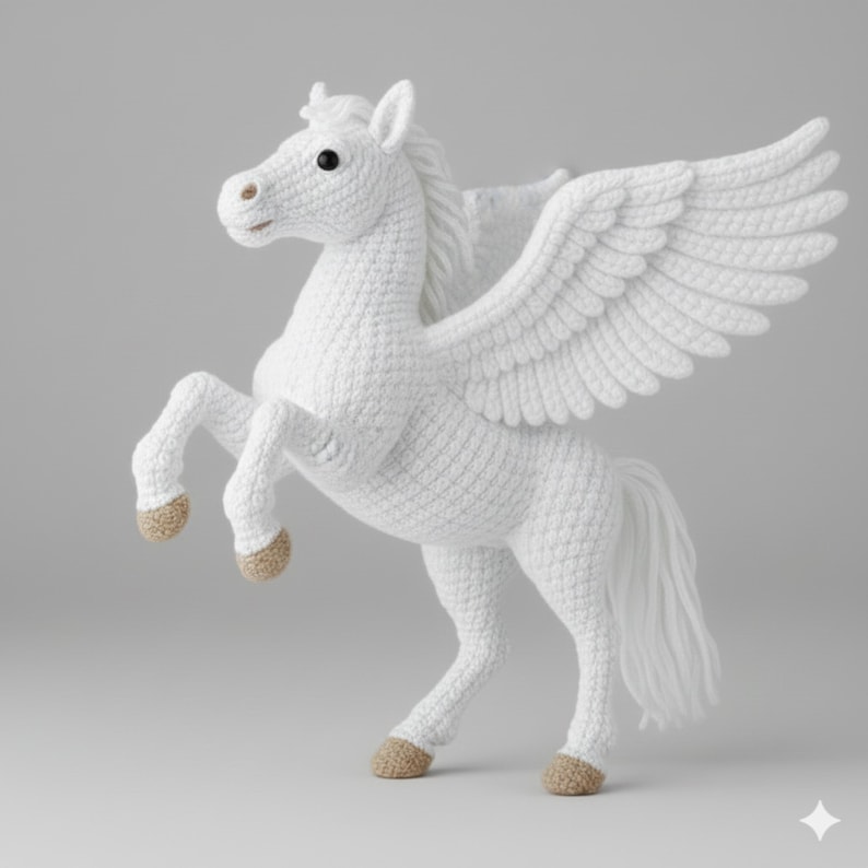 May include: A white crochet Pegasus toy with outstretched wings and tan hooves. The handmade mythical creature is posed rearing up on its hind legs, showcasing its detailed craftsmanship and whimsical design.