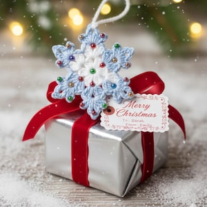 Enfeites de Natal em crochê com flocos de neve e molde em PDF, padrão de crochê e molde imprimível para porta-panelas de floco de neve, presente de Natal.