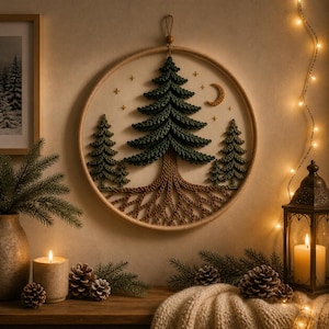 May include: A handmade Christmas tree wall hanging. The circular frame features a detailed green and brown tree design with a crescent moon and stars. The scene is set against a neutral background, with a warm, inviting ambiance created by candles and fairy lights.