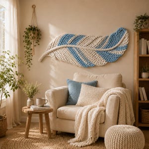 Padrão de crochê em PDF para pendurar penas na parede, arte de parede grande com tema costeiro, crochê fácil para iniciantes, decoração boho para casa, presente de boas-vindas imagem 3