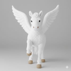 May include: A white crochet Pegasus with outstretched wings and tan hooves. The mythical creature is depicted in a standing pose, with one leg raised. The wings are detailed, and the eyes are black.
