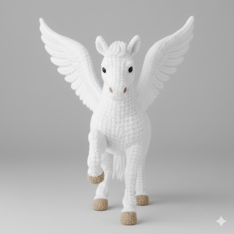 May include: A white crochet Pegasus with outstretched wings and tan hooves. The mythical creature is depicted in a standing pose, with one leg raised. The wings are detailed, and the eyes are black.