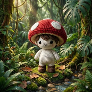 May include: A crocheted mushroom doll with a red cap and white spots stands in a lush green forest. The doll has a smiling face, brown hair, and brown boots. The background features ferns, moss, and a small stream.