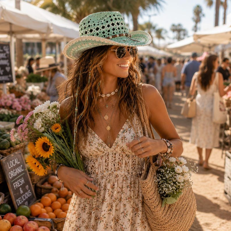 May include: A light mint green crochet fedora hat with a wide brim, paired with a sleeveless white floral print dress, a woven straw tote bag, and layered gold necklaces. The hat features a textured open-weave pattern and a decorative band.