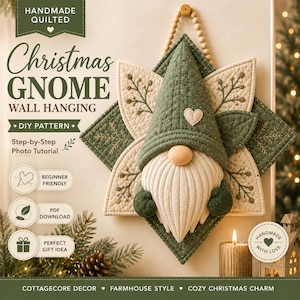 Mönster för väggbonad med jultomte | Sömnadsmönster för vinterdörrdekor med tomte | DIY-väggbonader i lantlig stil | väggdekor med tomte