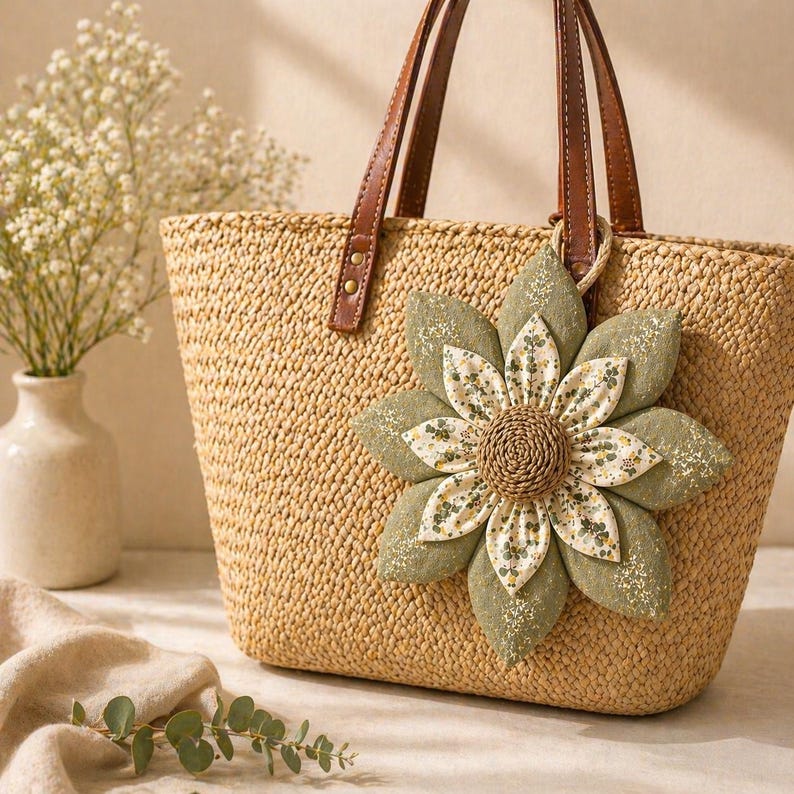 Puede incluir: Un bolso tote de paja tejida con asas de cuero marr&oacute;n y una gran flor decorativa de tela. La flor tiene p&eacute;talos verdes y blancos con un centro tejido. El bolso es de color beige natural.