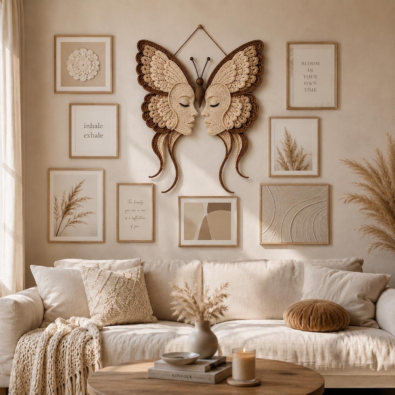 Modèle de décoration murale papillon au crochet, motif PDF de papillon au crochet représentant un visage de femme bohème, modèle de décoration intérieure neutre au crochet image 7