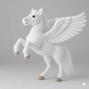 May include: A white crochet Pegasus toy with outstretched wings and tan hooves. The handmade mythical creature is posed rearing up on its hind legs, showcasing its detailed craftsmanship and whimsical design.
