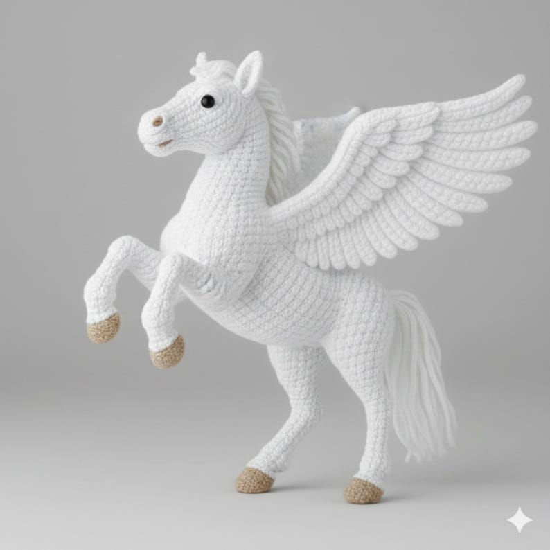 May include: A white crochet Pegasus toy with outstretched wings and tan hooves. The handmade mythical creature is posed rearing up on its hind legs, showcasing its detailed craftsmanship and whimsical design.