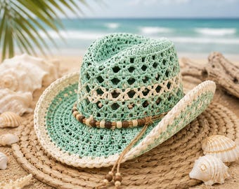 Crochet Cowboy Hat Pattern PDF, Beach Girl Summer Hat Crochet Pattern, Mesh Western Hat Tutorial, Boho Cowgirl Hat DIY, Festival Hat Pattern