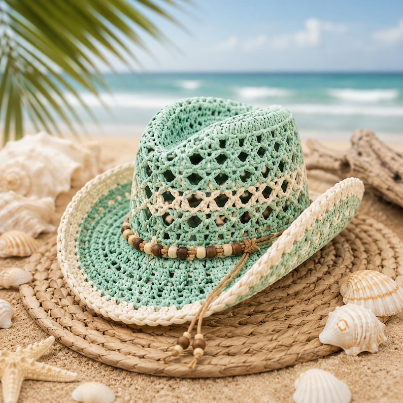 May include: A mint green and cream crocheted cowboy hat featuring an open-weave pattern, a wide brim with a cream-colored edge, and a decorative band made of brown and cream wooden beads with two dangling beaded cords at the front.