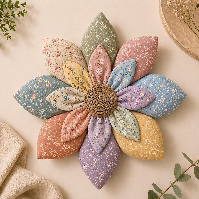 Puede incluir: Una gran flor decorativa hecha de p&eacute;talos de tela en varios colores pastel, incluyendo rosa, azul, amarillo y verde. El centro es un dise&ntilde;o circular tejido. Los p&eacute;talos tienen un estampado floral.