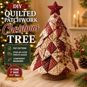 Può includere: Un albero di Natale in patchwork trapuntato con motivi in tessuto rosso e crema, sormontato da una stella rossa. Il testo recita: DIY QUILTED PATCHWORK Christmas TREE, PDF PATTERN, STEP-BY-STEP PHOTO GUIDE, CONFIDENT BEGINNER, 15" CONE, 9" BASE, 17 1/2" TALL.
