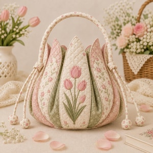 Modello PDF per borsa trapuntata floreale, tutorial di cucito per borsetta floreale in stile cottagecore, modello per borsa in tessuto, download immediato.
